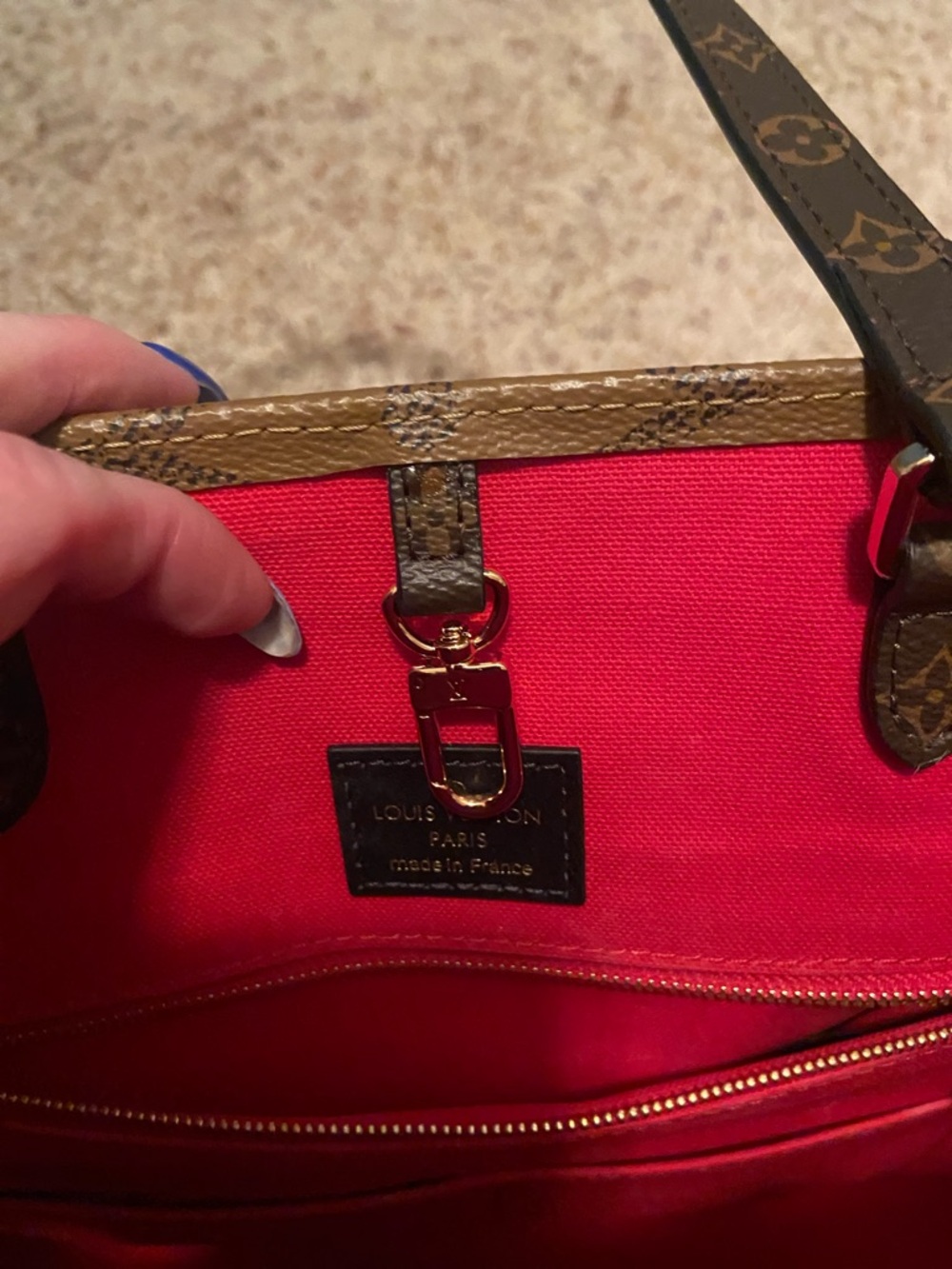 Designer Inspired Brown Monogram Tote with Red Interior - Picture 3 of 7